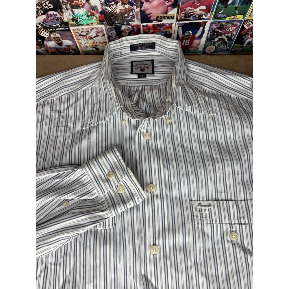 Faconnable Shirt Mens Medium Cream Colored Blue Stripes VTG Made In USA Button